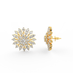 Side profile of yellow gold floral diamond studs with secure push-back clasp and round lab grown diamonds.
