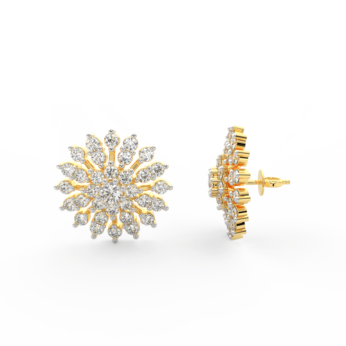 Side profile of yellow gold floral diamond studs with secure push-back clasp and round lab grown diamonds.

