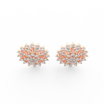 Top view of rose gold floral earrings showcasing central round diamonds and symmetrical petal design.
