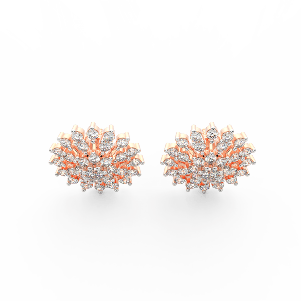 Top view of rose gold floral earrings showcasing central round diamonds and symmetrical petal design.
