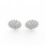 Top view of white gold floral earrings featuring round lab grown diamonds set in symmetrical floral pattern.
