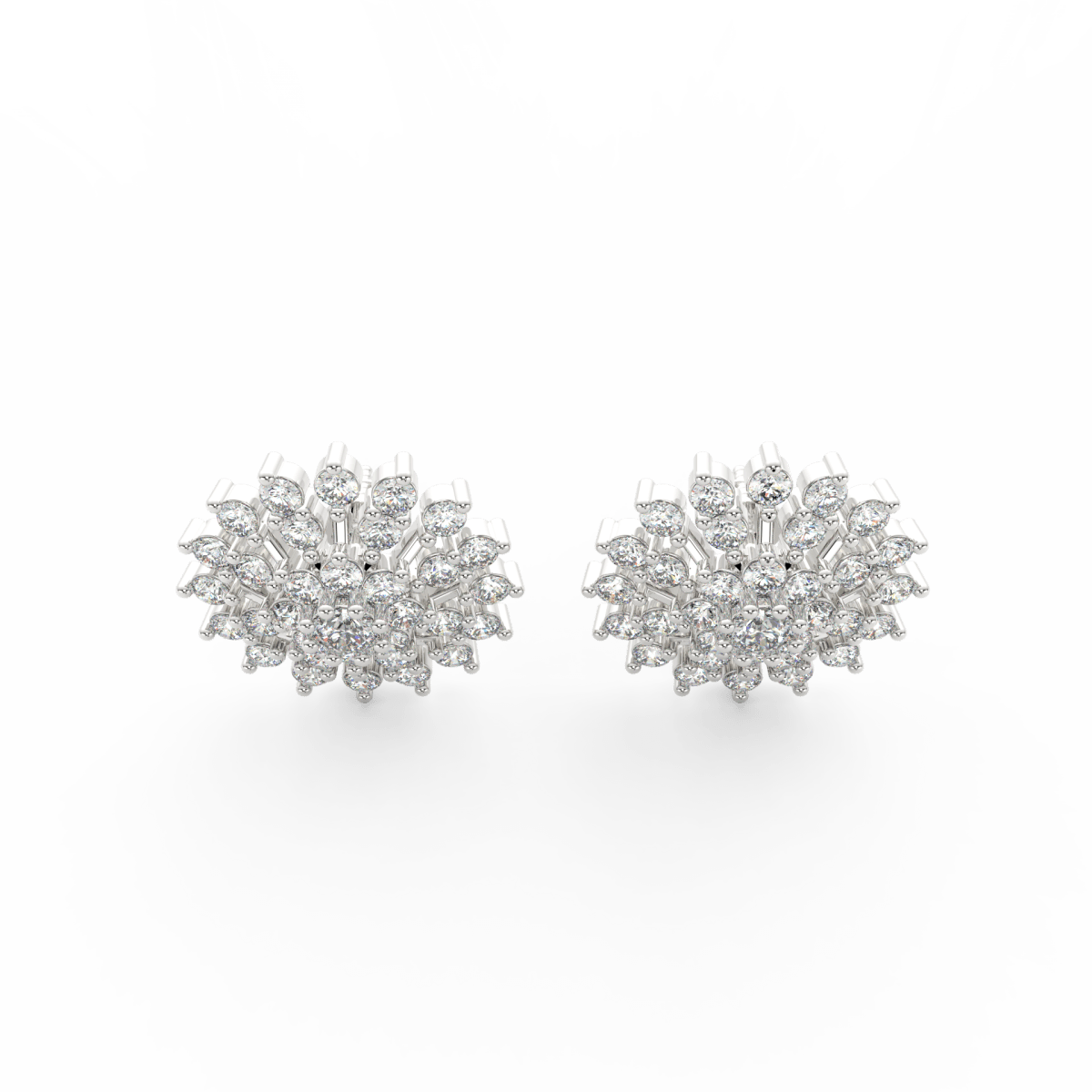 Top view of white gold floral earrings featuring round lab grown diamonds set in symmetrical floral pattern.
