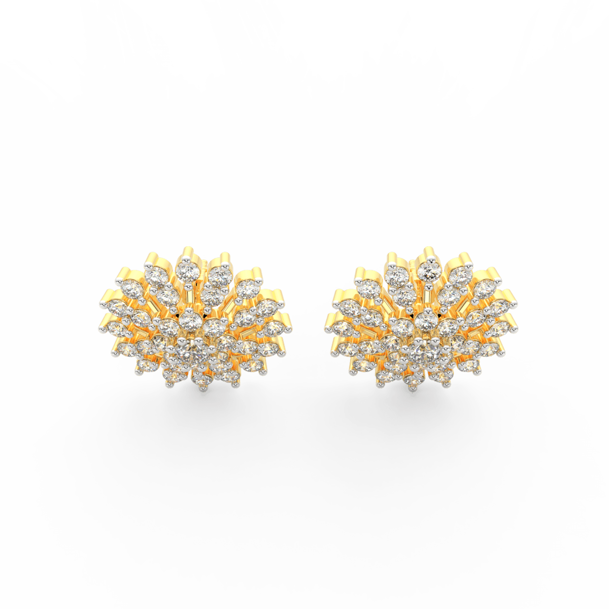 Top view of yellow gold floral earrings showcasing polished finish and lab grown diamonds arranged in floral symmetry.
