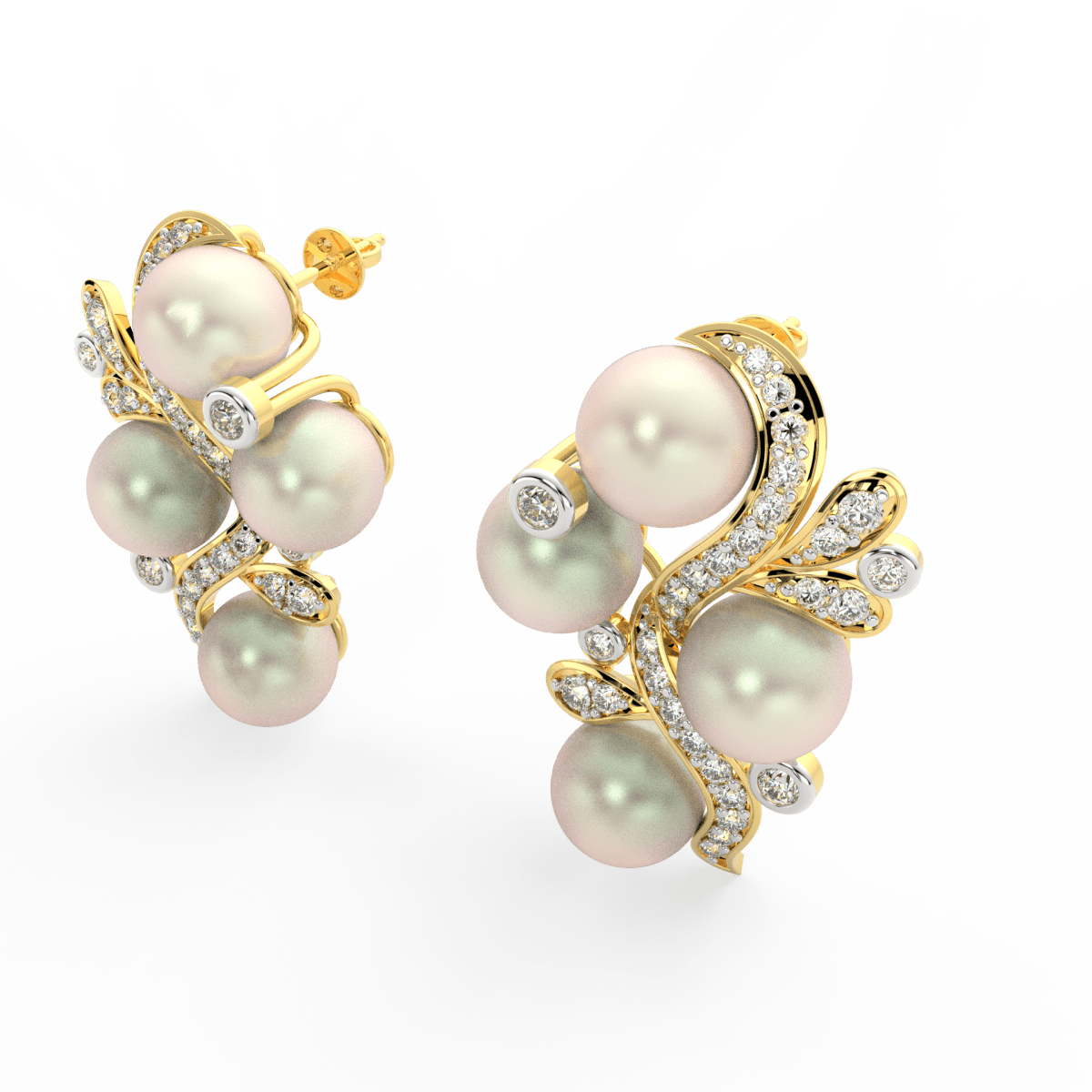 Angled view of yellow gold pearl bloom earrings showcasing lab grown diamonds arranged around the central pearl.
