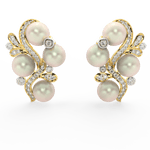 Front view of Celestia Pearl Bloom yellow gold earrings featuring central pearl surrounded by lab grown diamonds.
