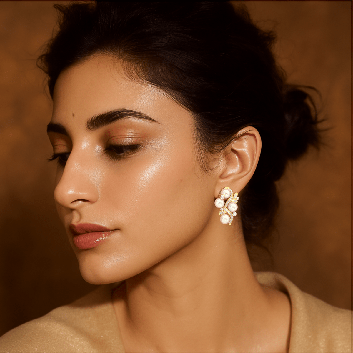 Model wearing Celestia Pearl Bloom yellow gold earrings styled for delicate, timeless floral elegance.

