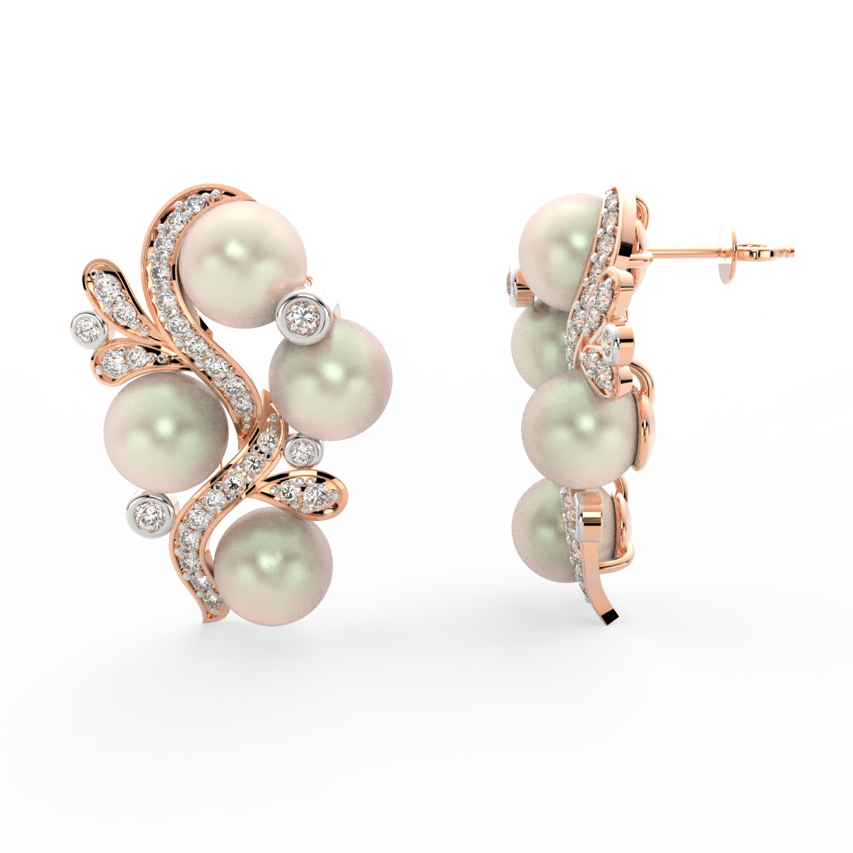 Side profile of rose gold earrings with push-back clasp, pearl center, and lab grown diamond petals.
