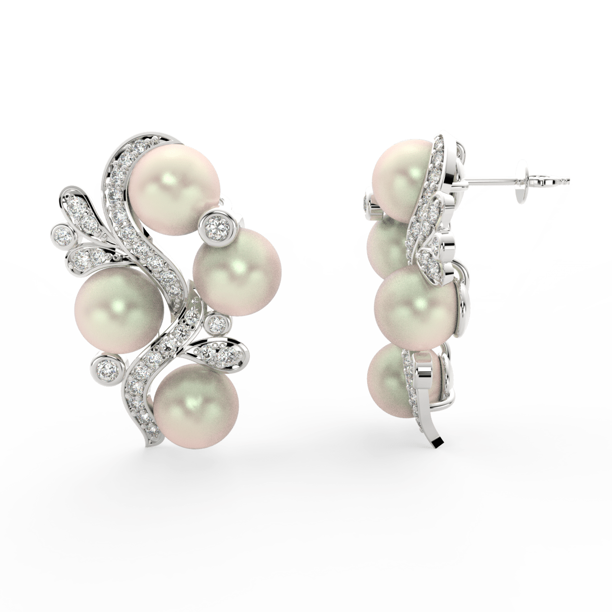 Side profile of white gold earrings with secure push-back clasp and elegant pearl and diamond setting.
