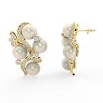 Side profile of yellow gold earrings with pearl center, lab grown diamond petals, and secure push-back clasp.
