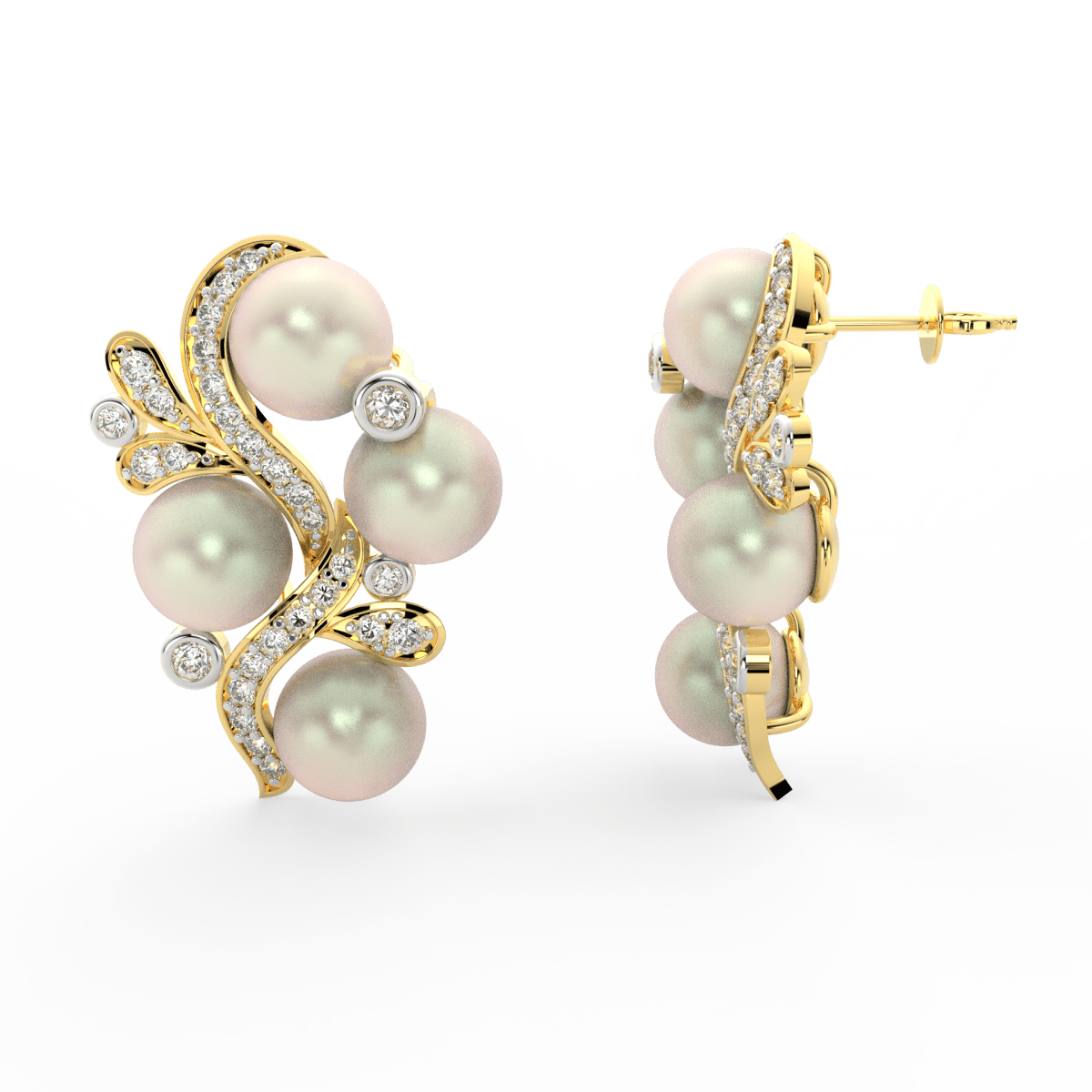 Side profile of yellow gold earrings with pearl center, lab grown diamond petals, and secure push-back clasp.
