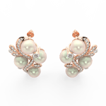 Top-down view of rose gold earrings showcasing pearl center and surrounding lab grown diamond blooms.

