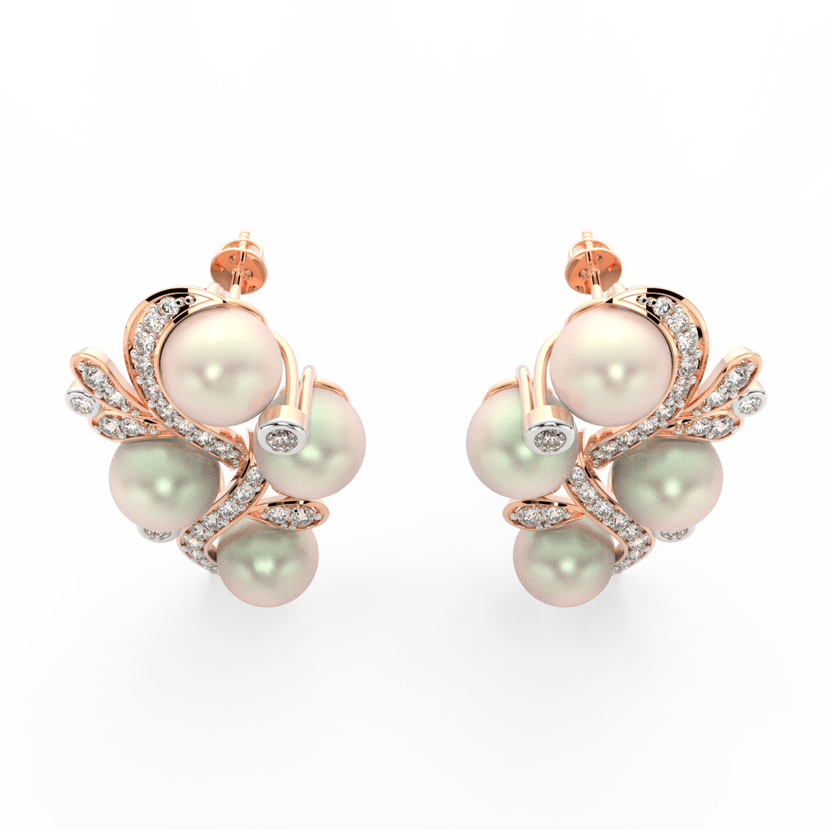 Top-down view of rose gold earrings showcasing pearl center and surrounding lab grown diamond blooms.
