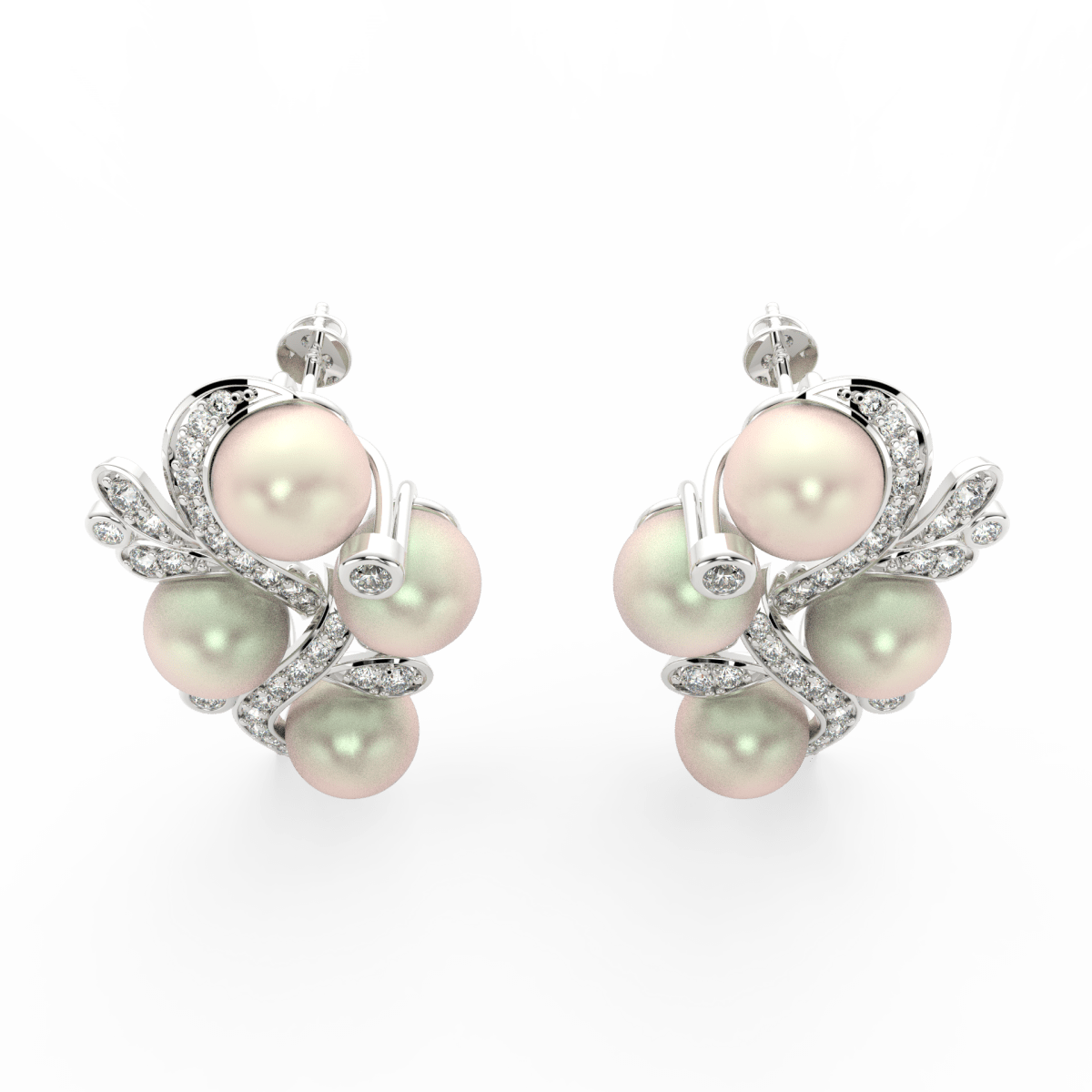 Top view highlighting white gold floral arrangement with central pearl and lab grown diamond petals.
