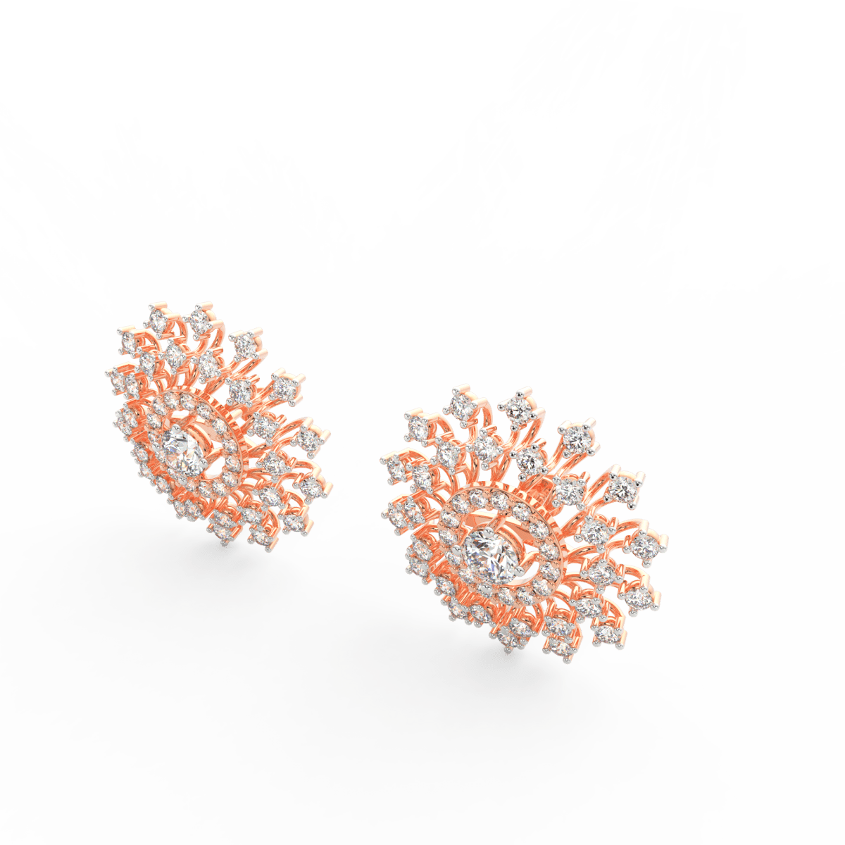 Angled view of rose gold solitaire diamond studs showcasing polished finish and round lab grown diamonds.
