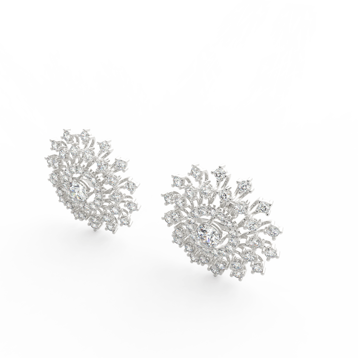 Angled view of white gold solitaire diamond studs showcasing brilliant lab grown diamonds and smooth finish.
