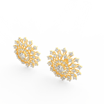 Angled view of yellow gold solitaire diamond studs featuring brilliant round lab grown diamonds and polished finish.
