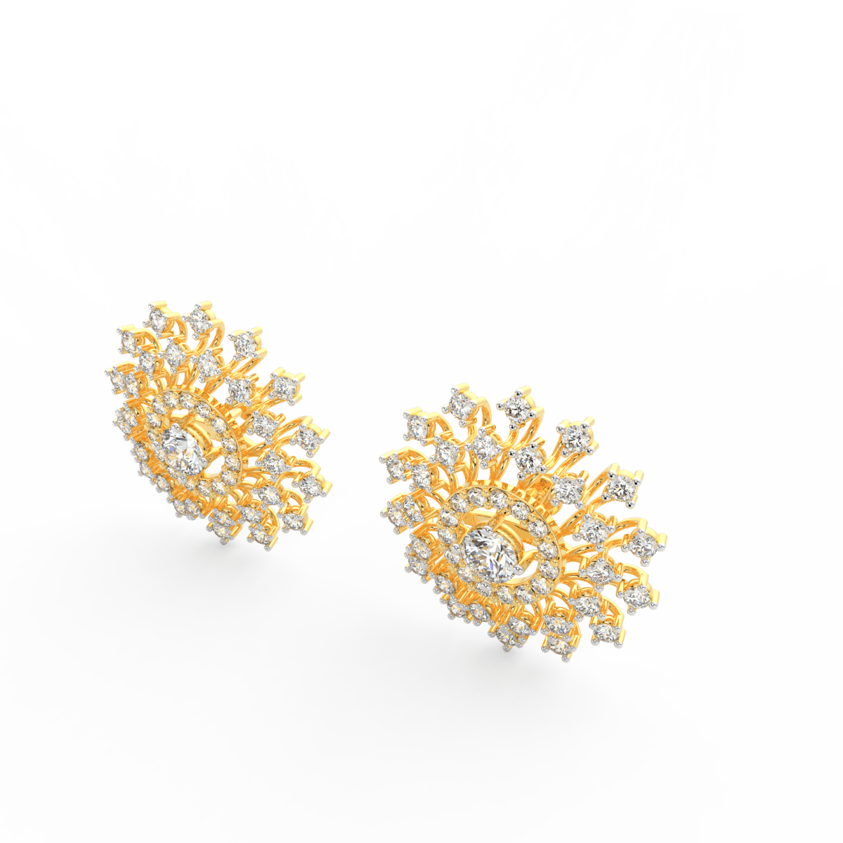 Angled view of yellow gold solitaire diamond studs featuring brilliant round lab grown diamonds and polished finish.
