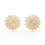 Front view of Celestia yellow gold solitaire earrings with round lab grown diamonds in minimal setting.
