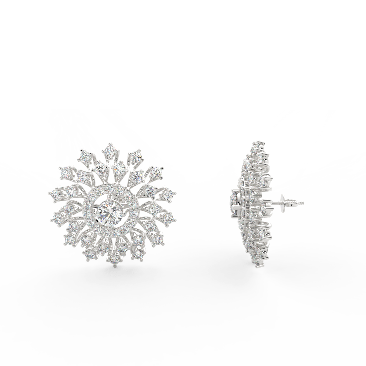 Side profile of white gold solitaire earrings with push-back clasp and round lab grown diamonds.
