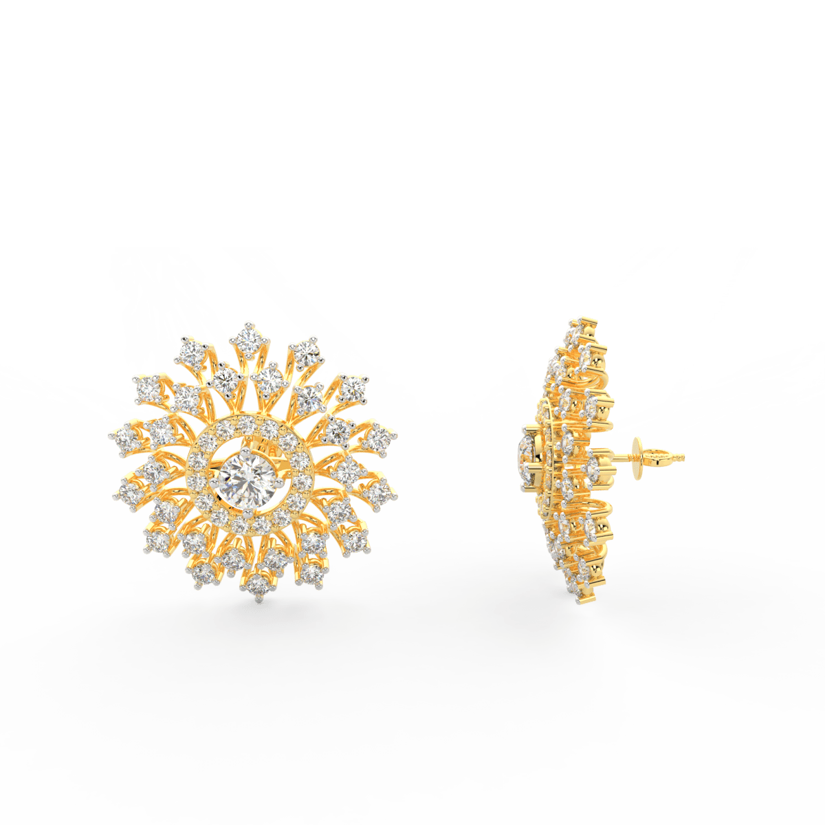 Side profile of yellow gold solitaire earrings with push-back clasp and radiant lab grown diamonds.
