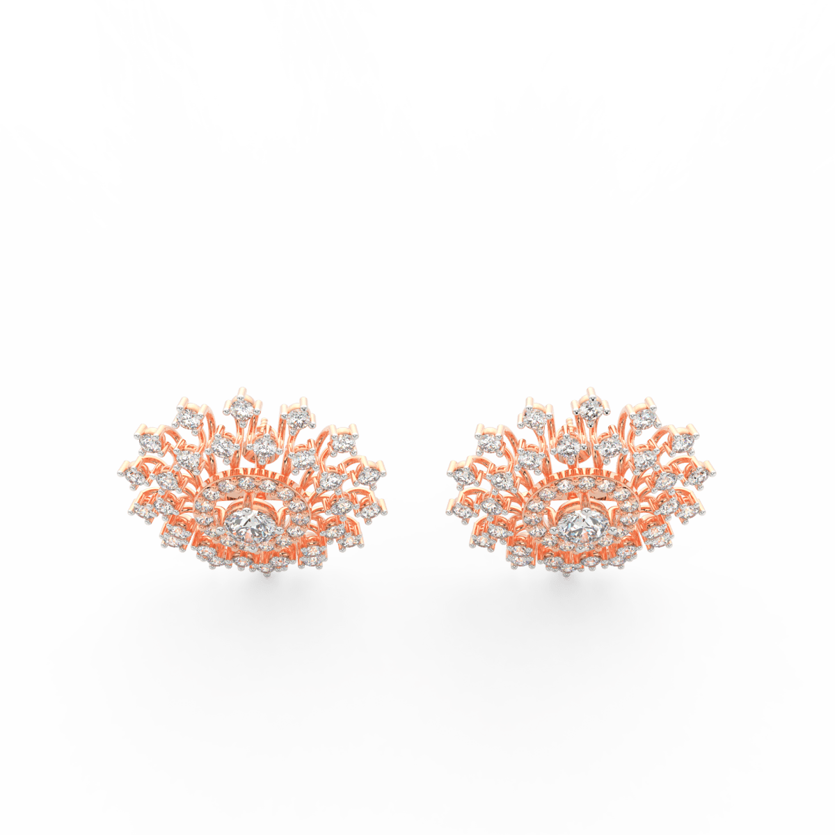 Top view of rose gold solitaire earrings featuring round lab grown diamonds in elegant minimalist design.
