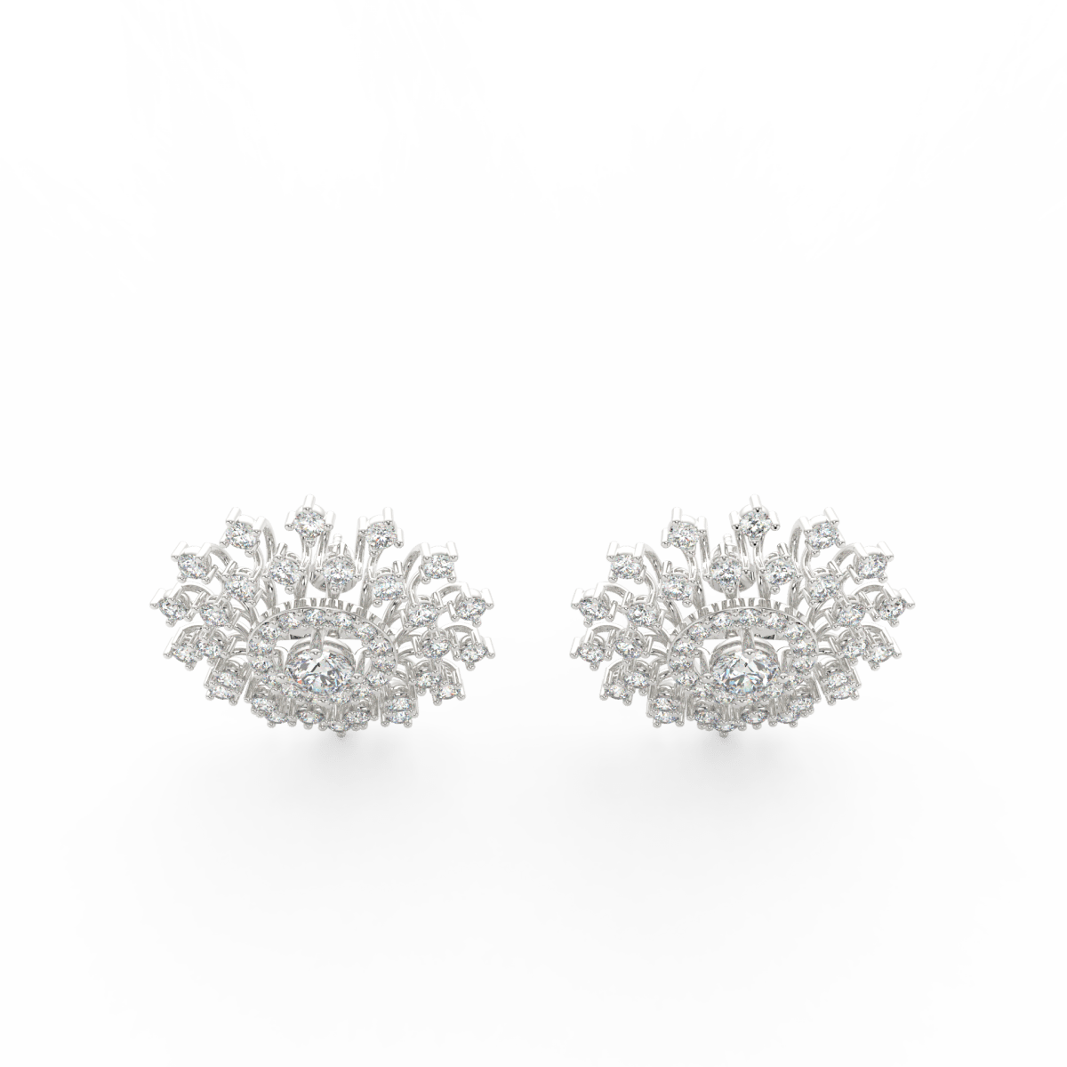 Top view of white gold solitaire earrings with centered round lab grown diamonds and polished rim.
