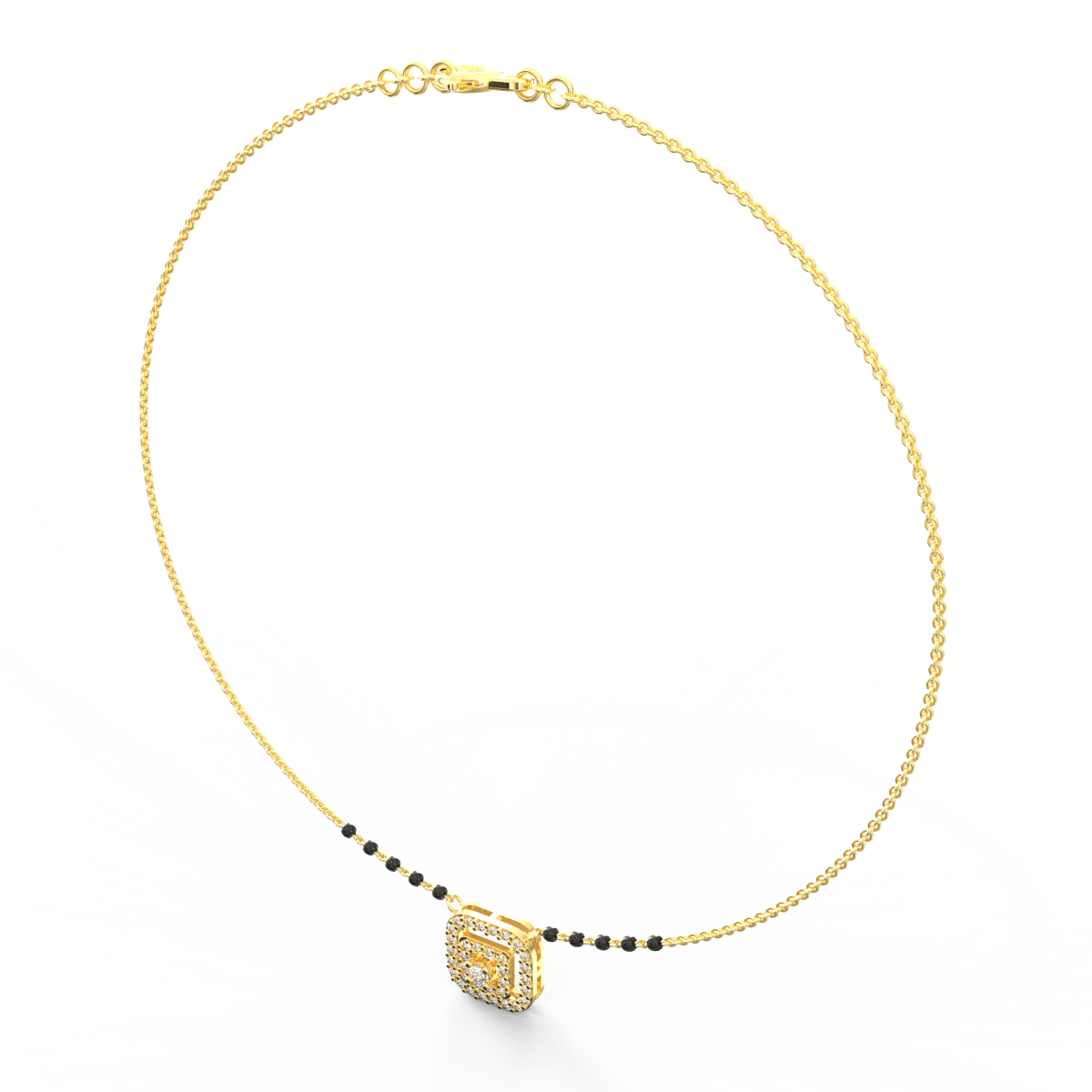 Angled view of yellow gold Celestial Halo mangalsutra showcasing circular diamond halo centerpiece on polished chain.
