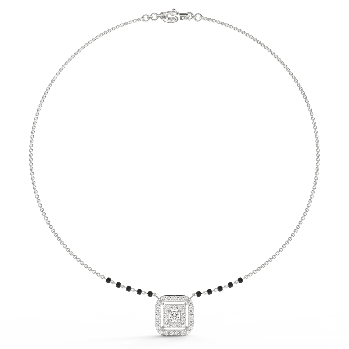 Front view of Celestial Halo white gold mangalsutra with glowing lab grown diamond halo centerpiece on polished chain.
