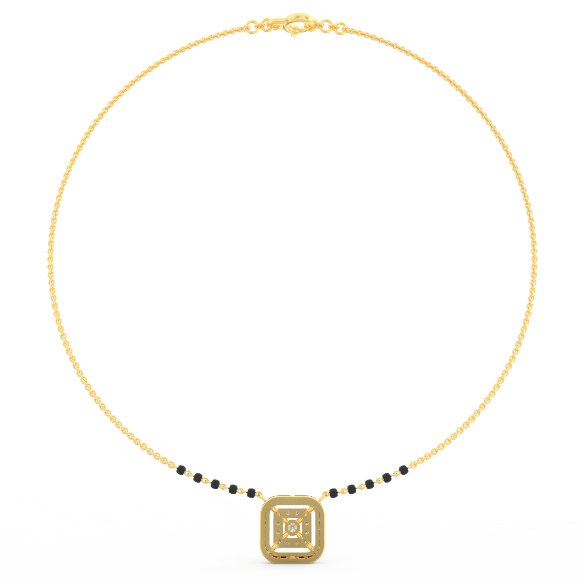 Side profile of yellow gold mangalsutra with diamond halo centerpiece, BIS Hallmarked gold, and secure clasp.
