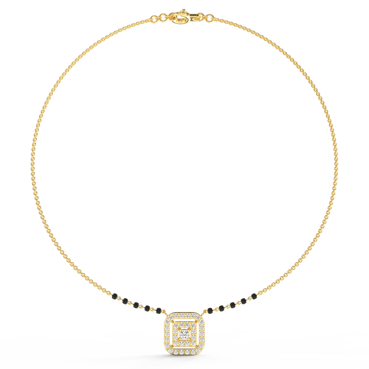 Top view of yellow gold Celestial Halo mangalsutra highlighting perfectly set lab grown diamonds in polished halo design.
