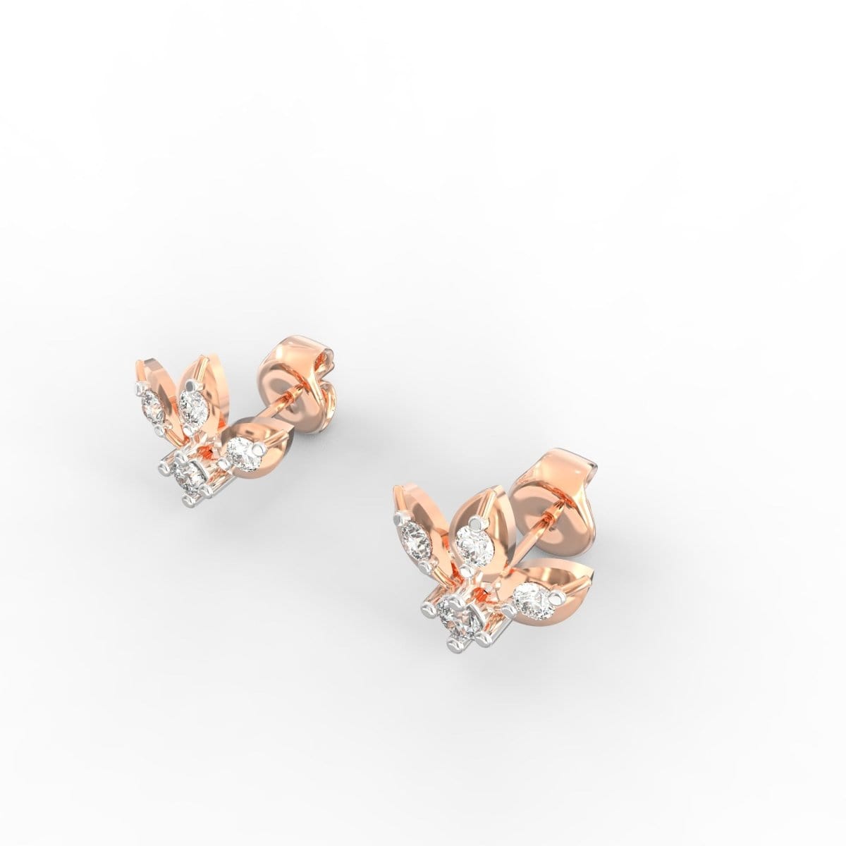 Angled view of minimalist rose gold earrings with lab grown round diamonds.
