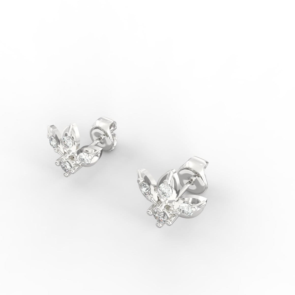 Side-angled view of white gold lab grown diamond earrings with smooth bezel finish.
