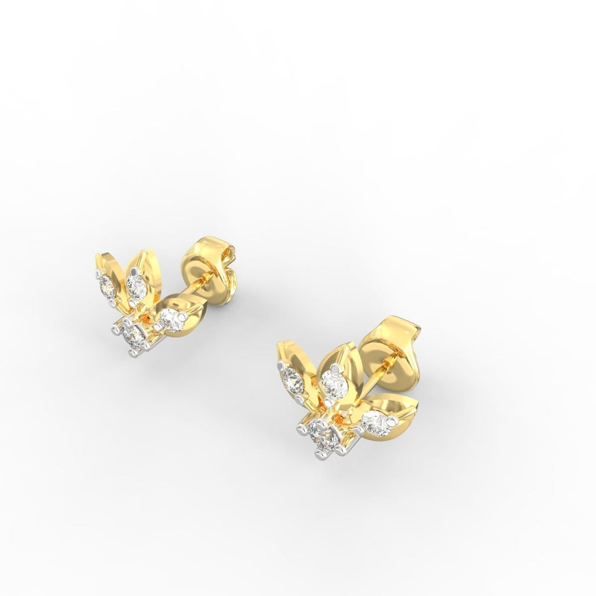 Angled view of round yellow gold earrings with SGL certified lab grown diamonds.
