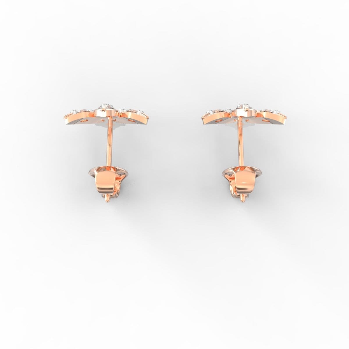 Overhead view showing round rose gold earrings with SGL certified lab grown diamonds.

