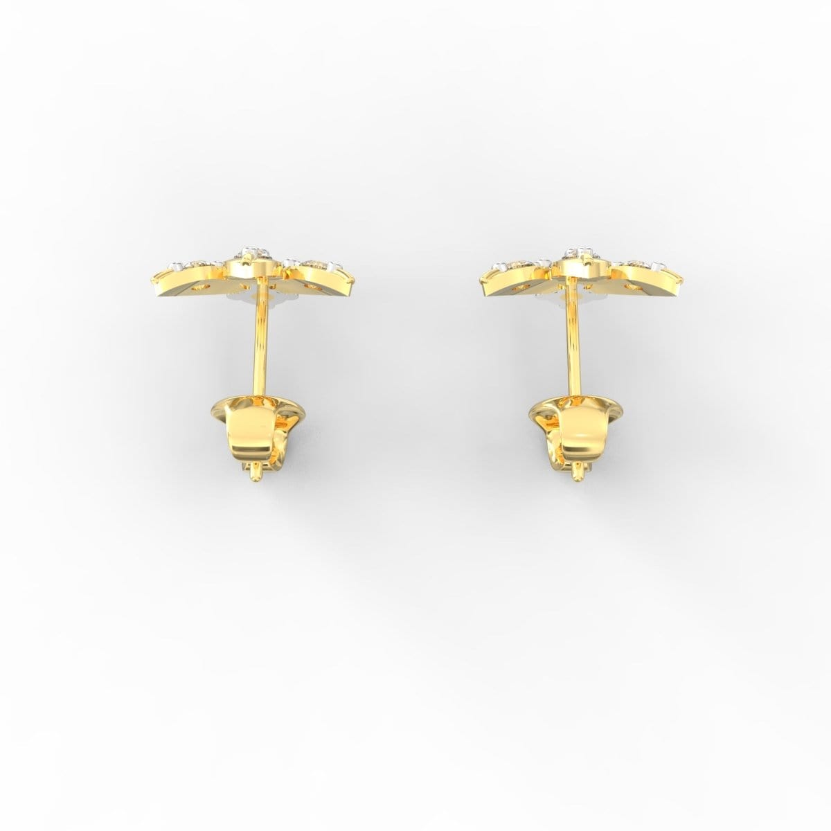 Overhead view of yellow gold lab grown diamond earrings in classic stud style.

