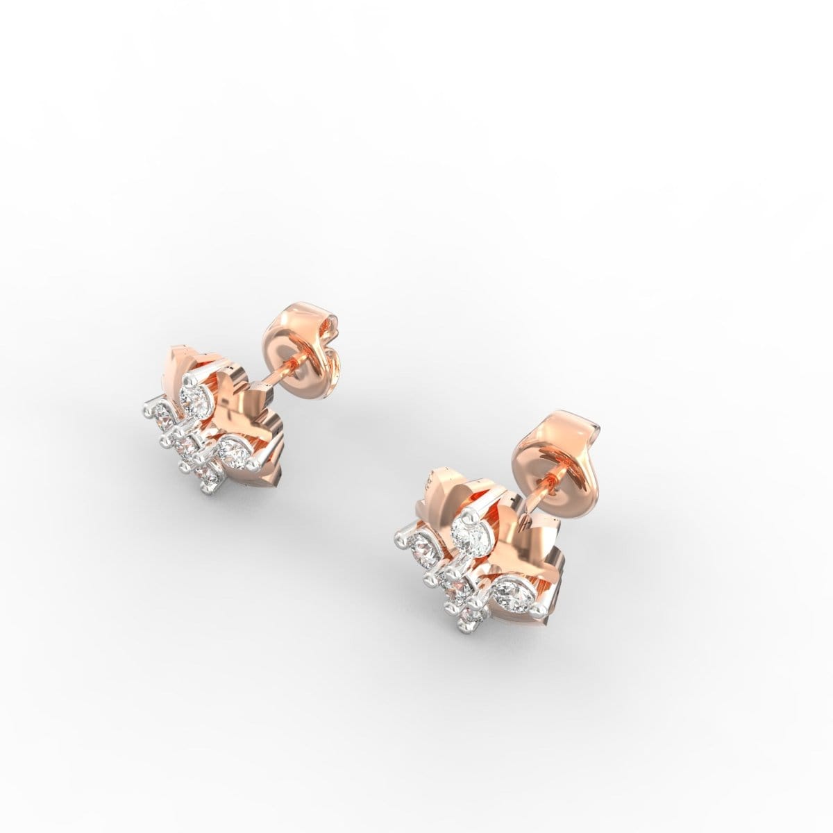 Close-up angled view of rose gold earrings showing subtle brilliance of round lab grown diamonds.
