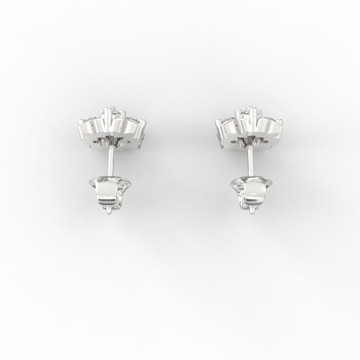 Overhead view showing delicate white gold studs with clear, ethical diamonds at the center.

