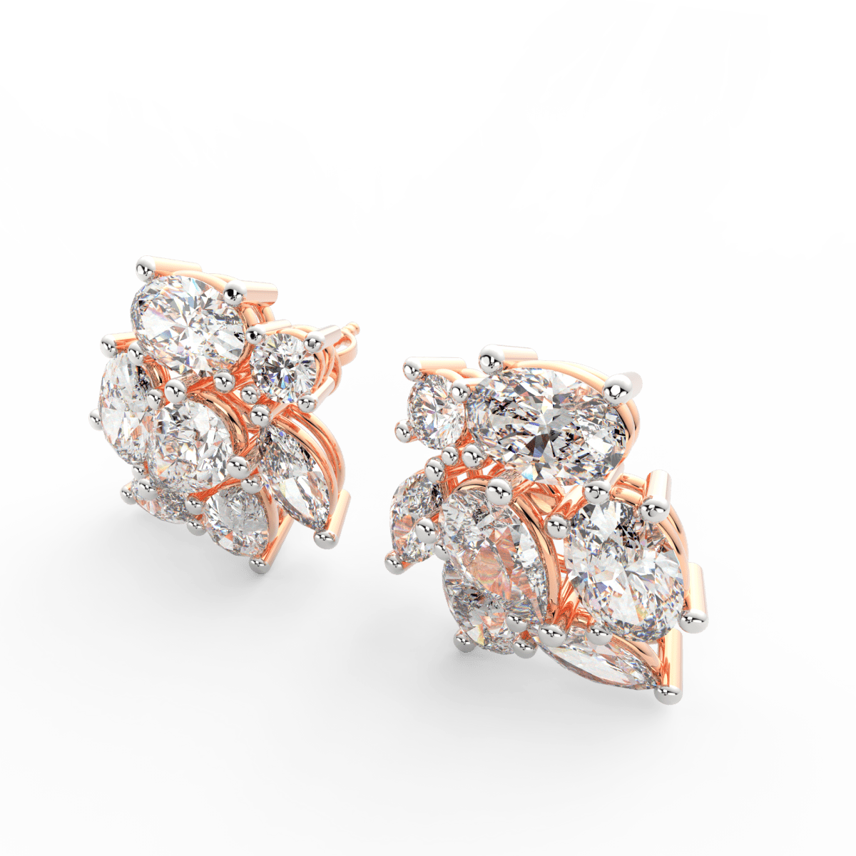 Angled view of rose gold Elira diamond ring showcasing contrasting pear and oval-cut lab grown diamonds.
