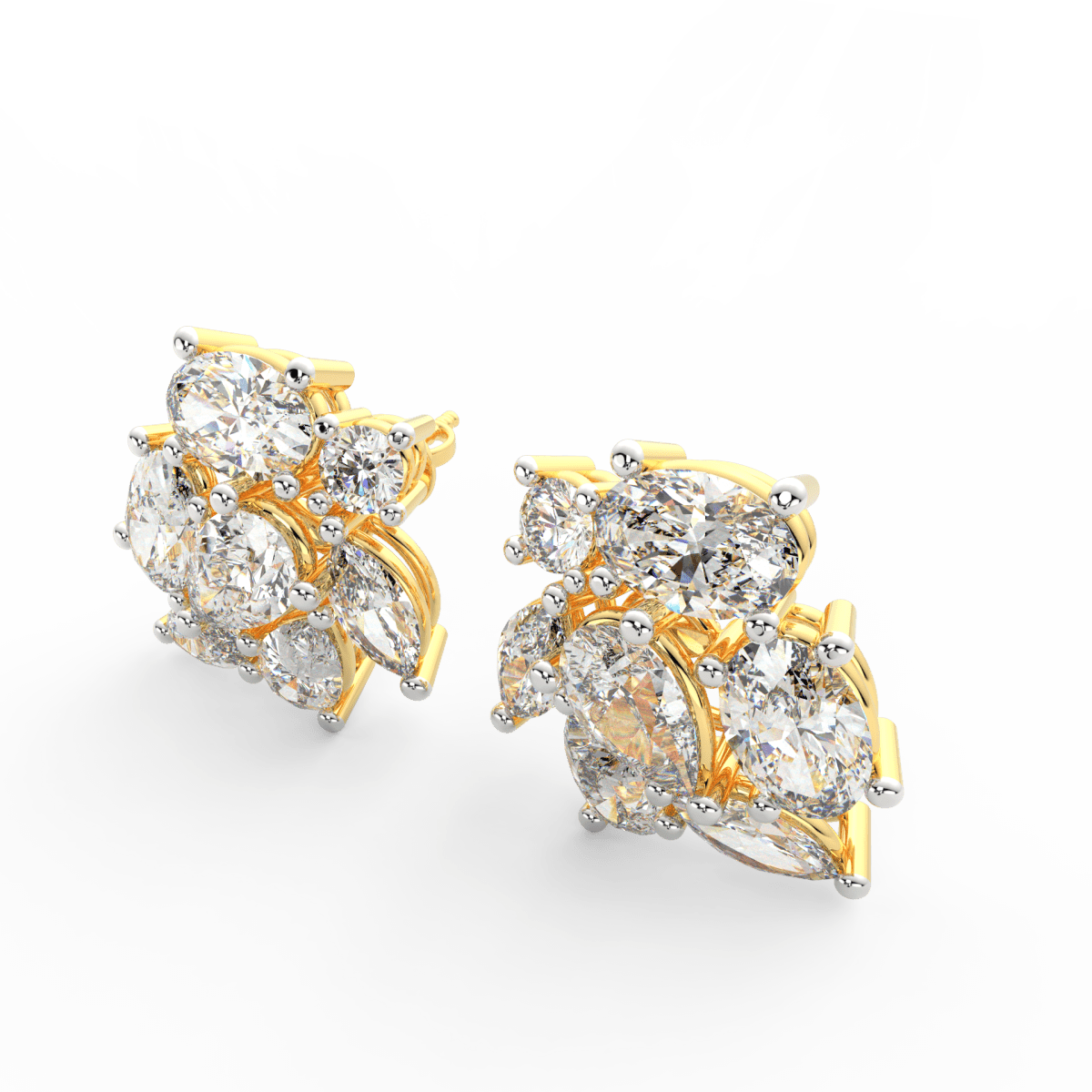 Angled view of yellow gold Elira ring with pear and oval-shaped lab grown diamonds showcasing brilliant contrast.
