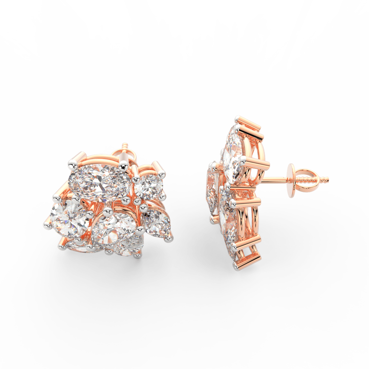 Side profile of rose gold ring highlighting smooth open-top band with dual solitaire lab grown diamonds.
