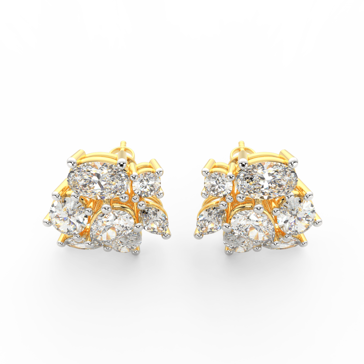 Top view of yellow gold Elira ring with pear and oval lab grown diamonds perfectly set in open-top design.

