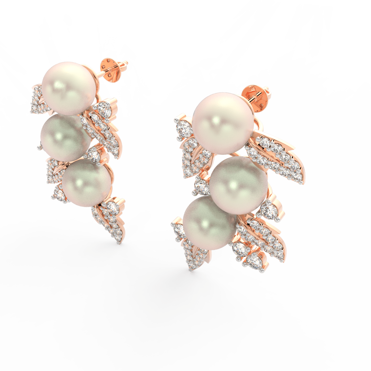 Angled view of rose gold floral pearl earrings with polished finish and sparkling lab grown diamond petals.
