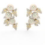 Front view of Elysia Floral Pearl yellow gold earrings with pearl center and lab grown diamonds in a floral arrangement.
