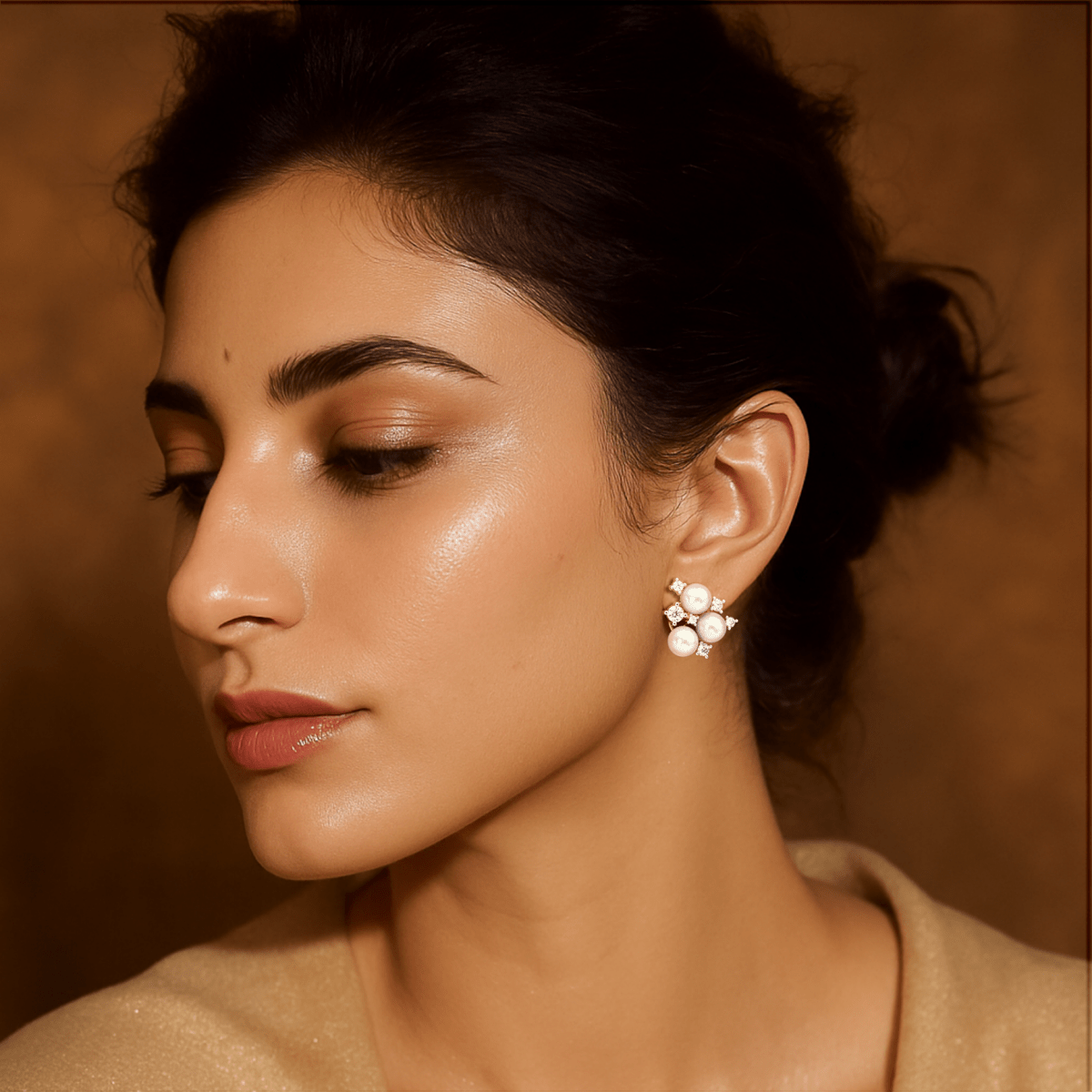 Model styled in Elysia Floral Pearl rose gold earrings for graceful feminine charm and sparkle.

