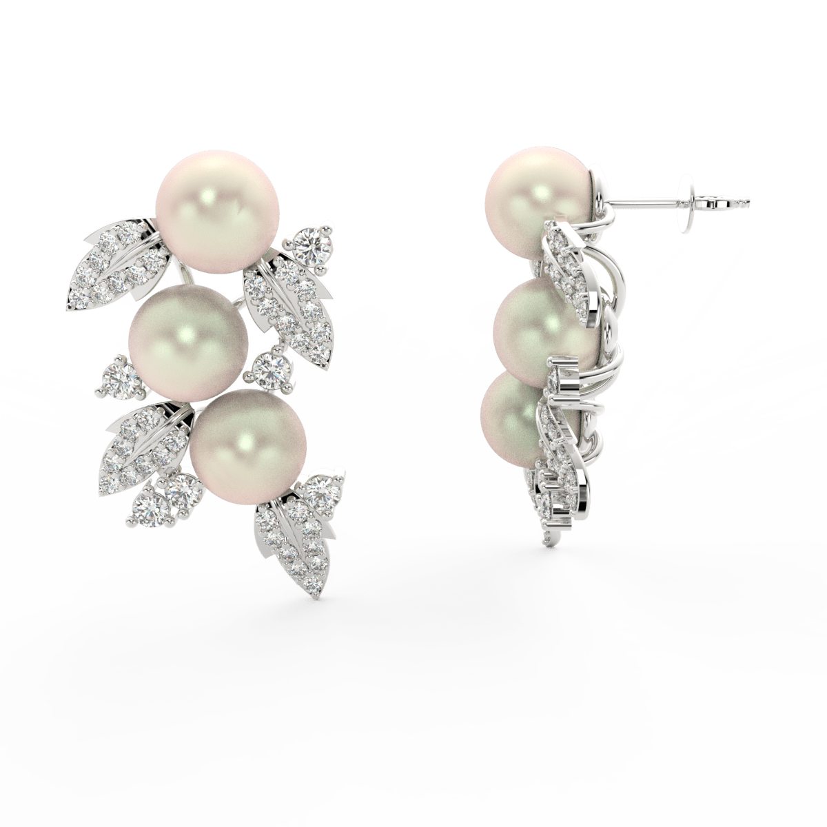 Side profile of white gold floral earrings with pearl centerpiece, diamond petals, and secure push-back clasp.
