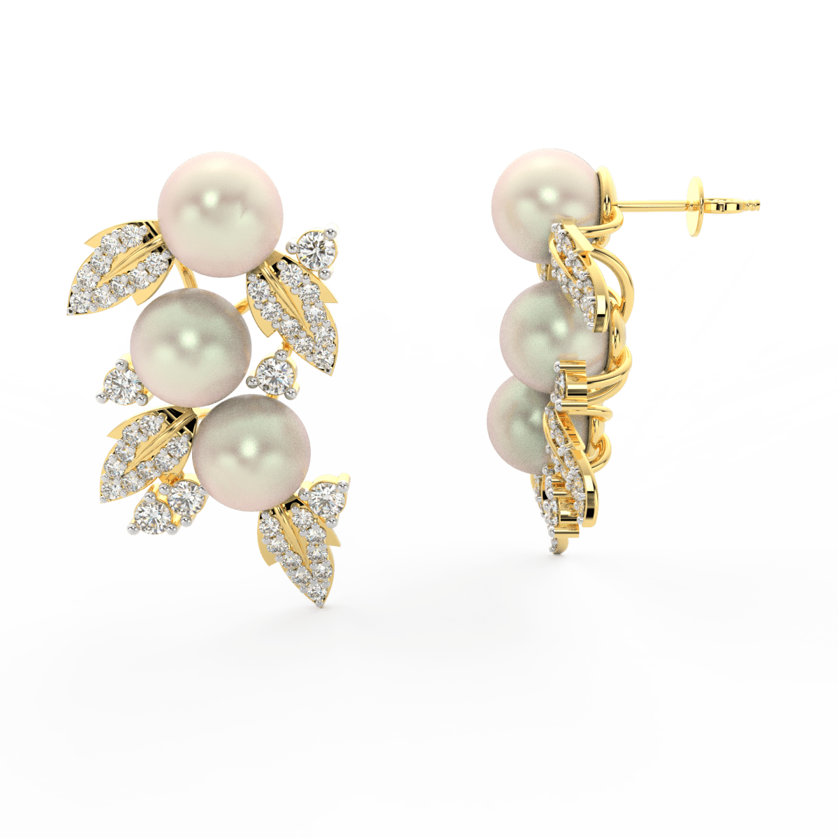 Side profile of yellow gold floral earrings with secure push-back clasp, pearl center, and lab grown diamonds.
