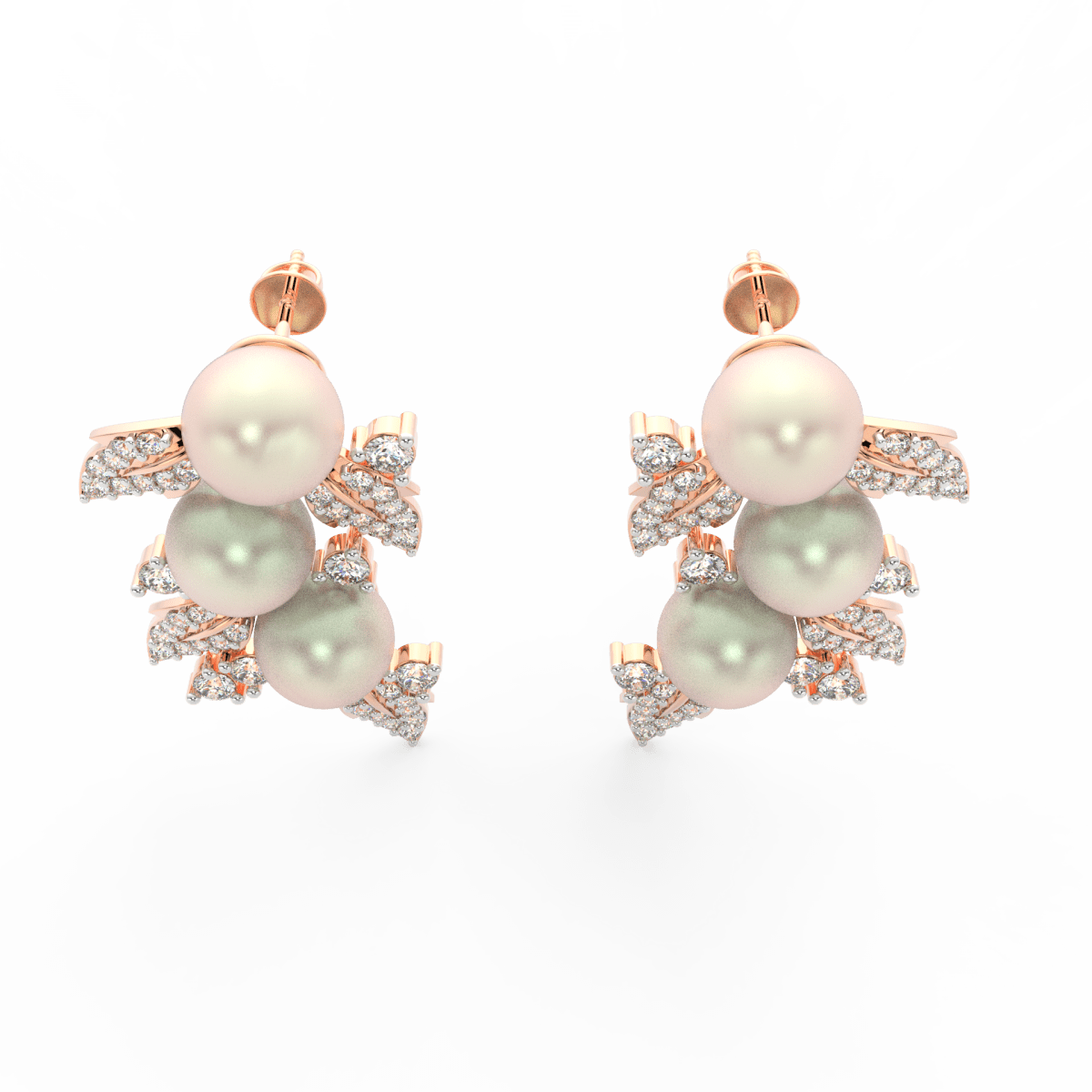 Top view highlighting rose gold floral structure with pearl center and lab grown diamond accents.
