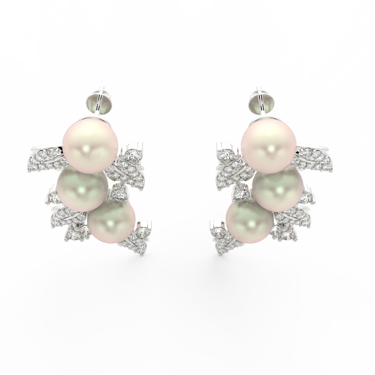 Top view showcasing white gold floral design with luminous pearl and surrounding lab grown diamonds.
