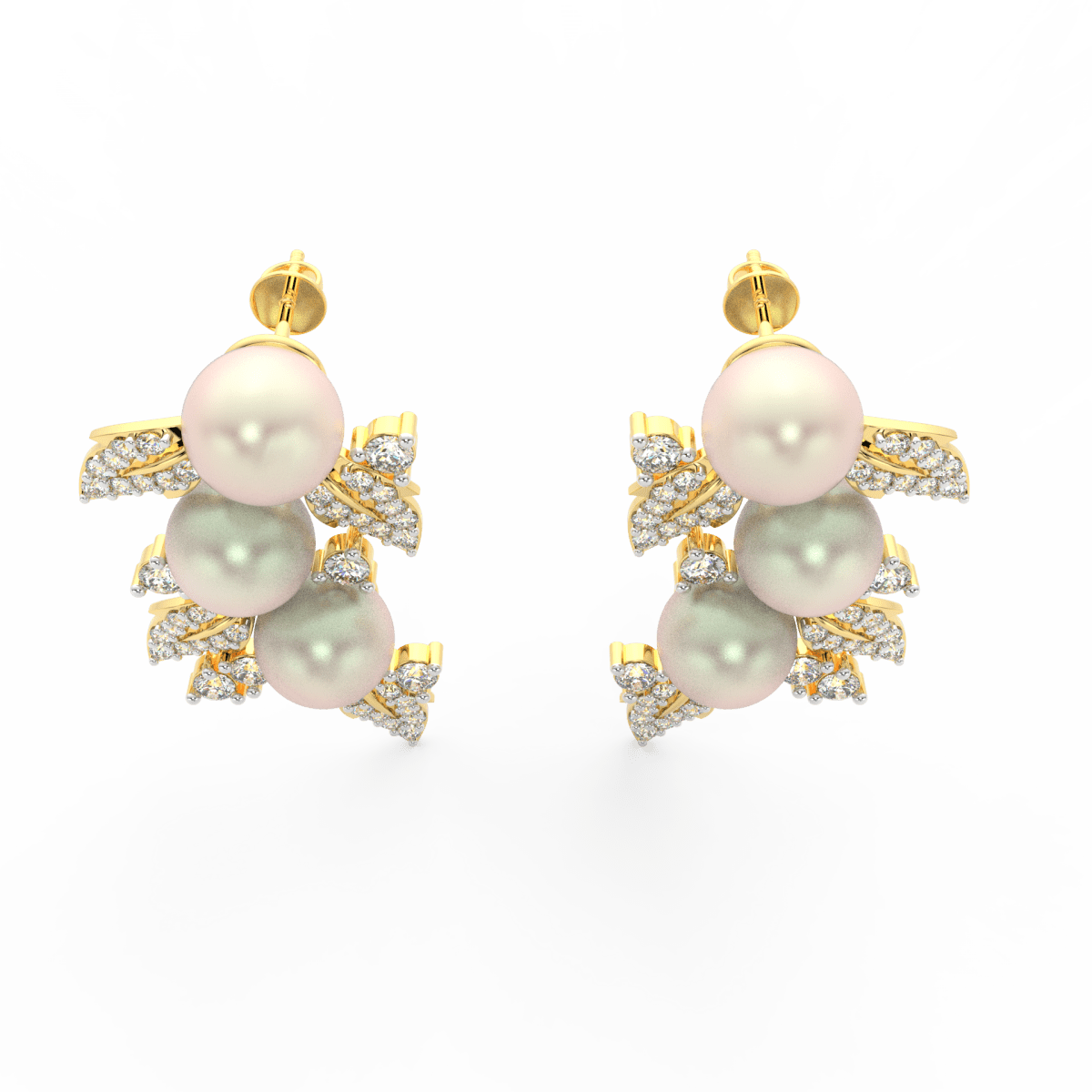 Top view showing yellow gold floral design with pearl center surrounded by lab grown diamond petals.
