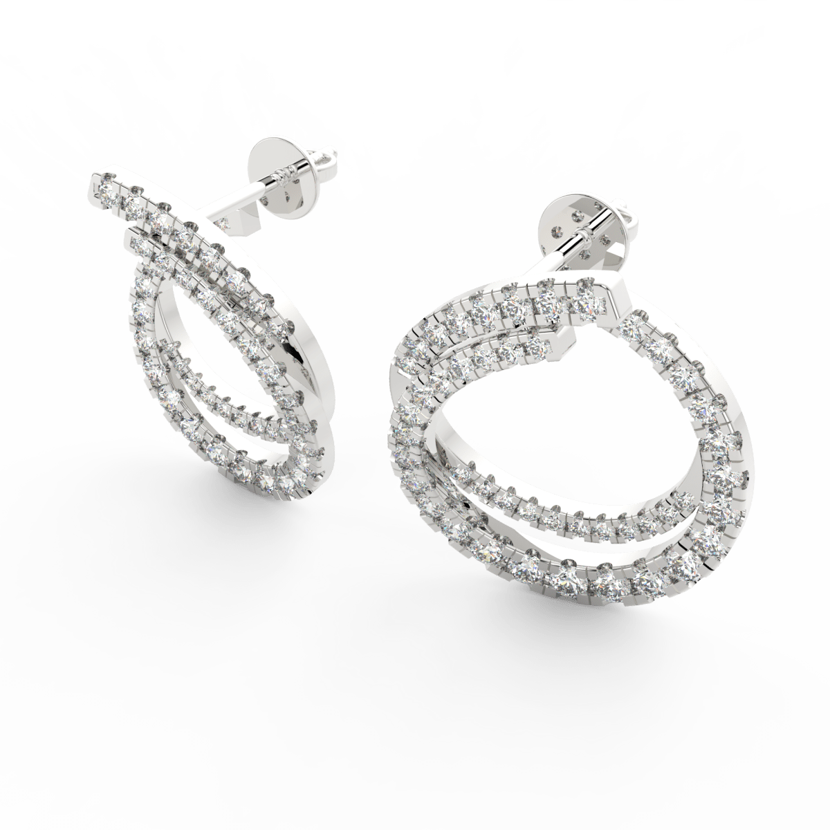 Angled view of white gold twist earrings highlighting flowing curves with sparkling lab grown diamonds.
